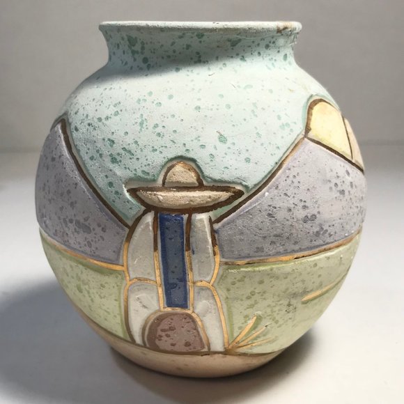 Vintage Mexican Tonala Pottery Vase Signed R. Gonza Artist Made in Mexico Pastel - Picture 8 of 14